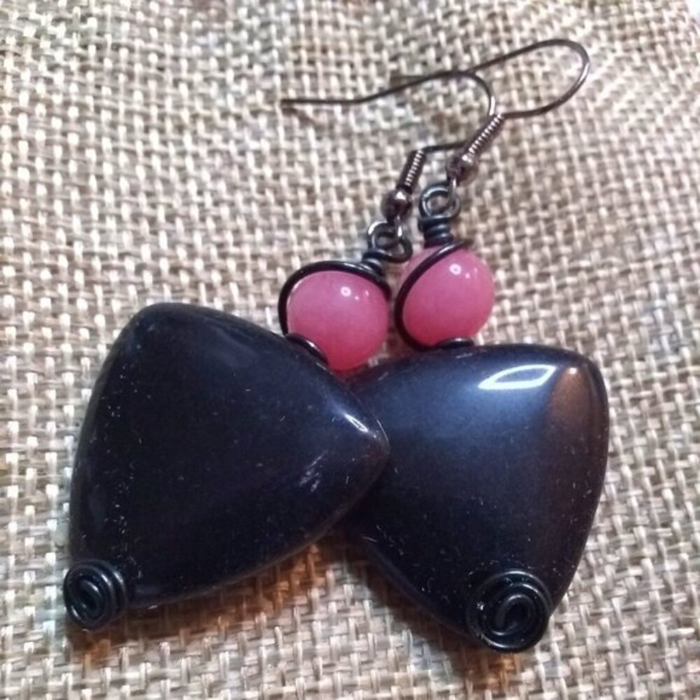 "Little Black Dress" Statement Earrings: Black Jasper & Pink Agate - Picture 5 of 10